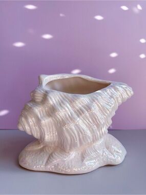 Vintage Iridescent White Ceramic Conch / Seashell Planter